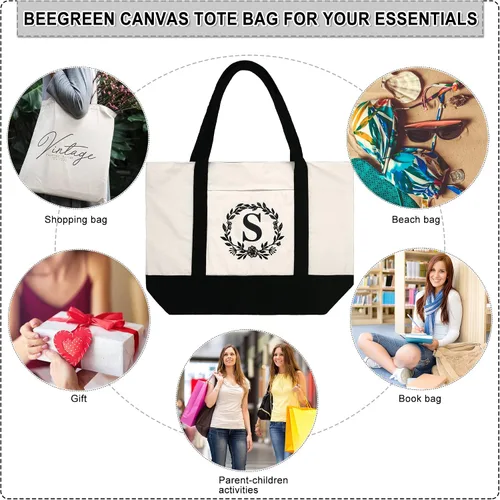 Miniatura 6 de BeeGreen Bolsa de mano con inicial para mujeres madres profesores bolsas de mano personalizadas para boda playa lona de 12 onzas gran bordado