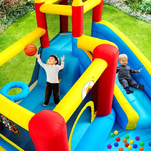 Miniatura 7 de WELLFUNTIME - Casa inflable para saltar con tobogán, castillo hinchable con ventilador, pared de escalada, diana, aro de baloncesto y 50 pelotas