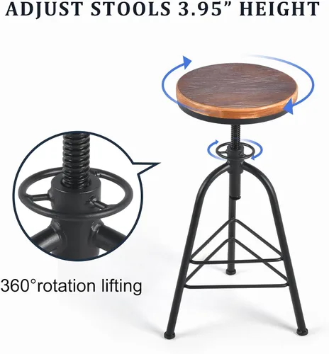 Miniatura 5 de Topower Taburete de bar de altura ajustable de metal de diseño industrial antiguo, silla de desayuno de comedor de cocina, taburete de madera