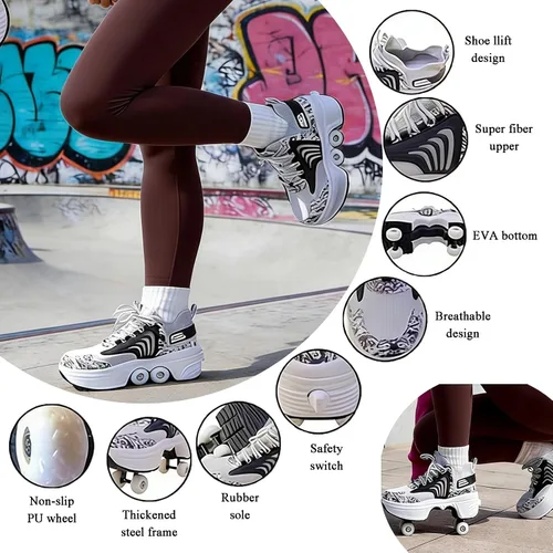 Miniatura 6 de 2 in 1 Convertible Walking Shoes to Quad Roller Skates with One-Touch Hidden Wheels Automatic Deformation for Men Women Kids Indoor Outdoor Sports