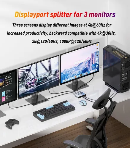 Miniatura 2 de DisplayPort a Dual DisplayPort con adaptador HDMI 4K @60 Hz Pantalla extendida 1 en 3 salidas MST Hub para múltiples monitores compatible