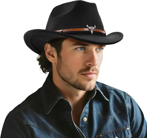 DOCILA Sombrero de vaquero occidental unisex de fieltro de piel sintética, sombreros de vaquera americanos, sombrero de Rodeo de ala ancha para