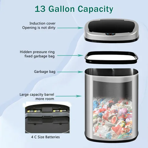 Miniatura 6 de PayLessHere Basurero automático de cocina con tapa, de 50 litros, 13 galones, sin tacto, de acero inoxidable cepillado, de alta capacidad