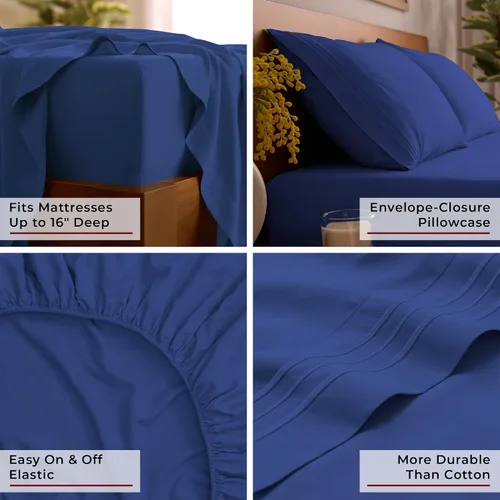 Miniatura 5 de Mellanni Juego de sábanas para cama individual, 3 piezas de la colección icónica, sábanas y fundas de almohada, lujosas y extra suaves, 1597 azul rey