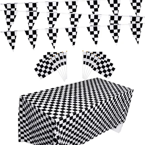 Boao 13 piezas de decoraciones de fiesta a cuadros, 10 paquetes de banderas de carreras a cuadros en blanco y negro de 32 pies, 2 paquetes de fundas