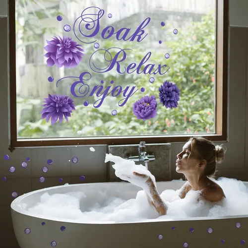 Miniatura 6 de Xuniea Calcomanías de pared de baño moradas Soak Relax Enjoy Spa, calcomanías impermeables para decoración de pared para dormitorio, baño, cocina