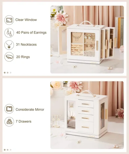 Miniatura 4 de Homde Joyero de regalo de Navidad con rotación de 360, organizador de aretes y collar con ventana transparente, espejo, 7 cajones, estuche