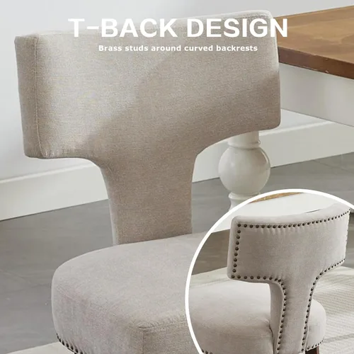 Miniatura 5 de SoarFlash Juego de 2 sillas de comedor modernas de madera, silla tapizada de tela de lino de granja, respaldo curvado con clavos de cobre alrededor
