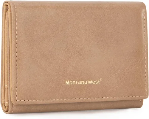 Miniatura 13 de Montana West Billetera pequeña de triple pliegue para mujer, con bloqueo RFID, carteras minimalistas con ventana de identificación, Beige