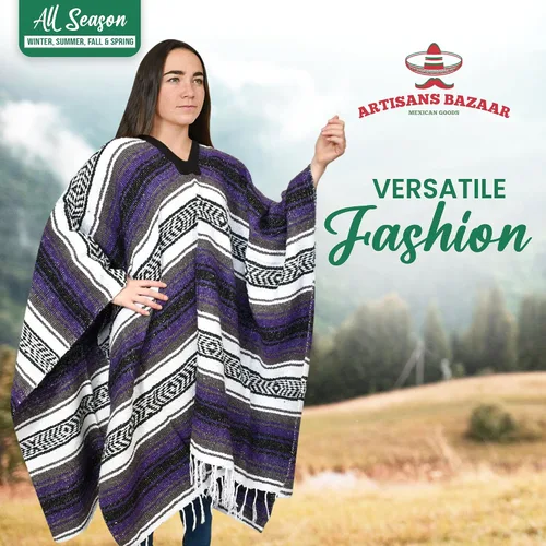 Miniatura 103 de Artisans Bazaar Poncho tradicional mexicano de Baja para hombres y mujeres, auténtico sarape de Gaban, manta de vaquero Pancho Jorongo
