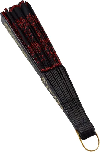 Miniatura 6 de InnoLife Elegante abanico de mano plegable con flores bordadas y patrón de pavo real con lentejuelas en tela artesanal (5 piezas, rojo)