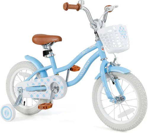 Miniatura 10 de COSTWAY Bicicleta para niños de 12, 14, 16, 18 pulgadas, bicicleta para niños con ruedas de entrenamiento, frenos de mano y posavasos, sillín