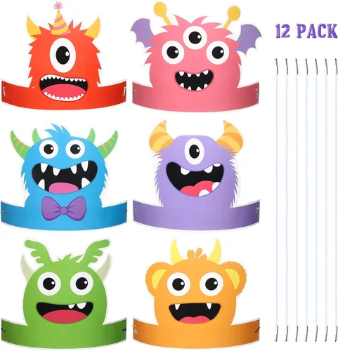 Aoriher 12 sombreros de papel de monstruo para fiestas, diademas con temática de monstruos, suministros de fiesta de cumpleaños, regalos de baby