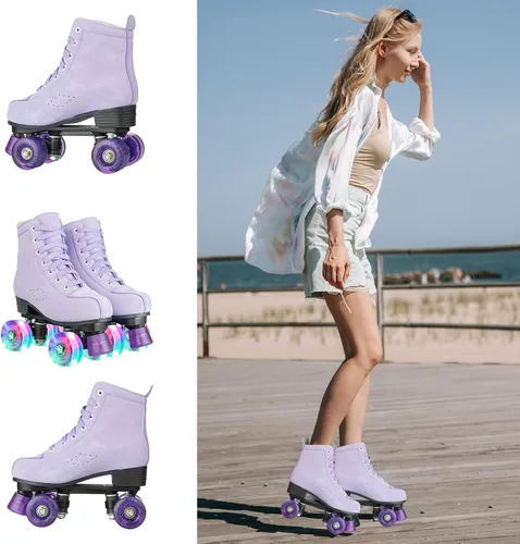 Miniatura 3 de YYW Patines de ruedas para mujeres y niñas, zapatos de tacón alto, patines de dos filas, brillantes, de cuatro ruedas, unisex, de piel sintética