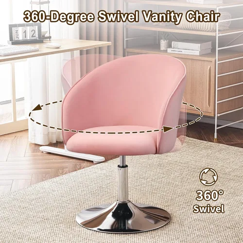 Miniatura 3 de Furnimart Silla de Tocador de Terciopelo con Marco de Cromo, Altura Ajustable y Giratoria, Rosa - Sala de Estar, Dormitorio, Oficina Terciopelo