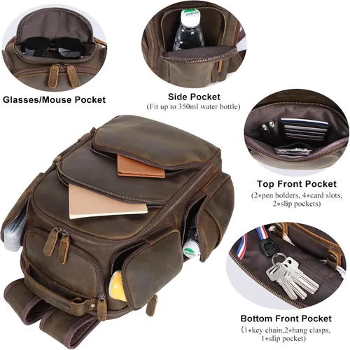 Miniatura 4 de TIDING Mochila vintage de cuero de grano completo para laptop de 16 pulgadas para hombre, con múltiples bolsillos, mochila de viaje, fin de semana