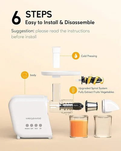 Miniatura 10 de MegaWise Exprimidor de masticación lenta de prensa en frío, tecnología silenciosa de prensa en frío, modos de doble velocidad, extractor de frutas