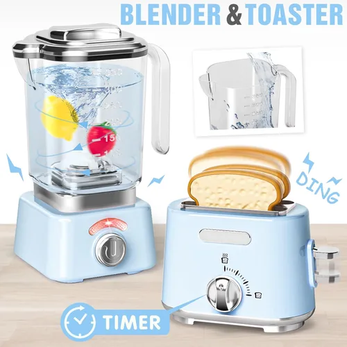 Miniatura 5 de Juego de juguetes de cocina para niños, 7 piezas sin BPA, aparatos de juego de simulación con sonido ligero, cafetera, batidora, batidora, tostadora