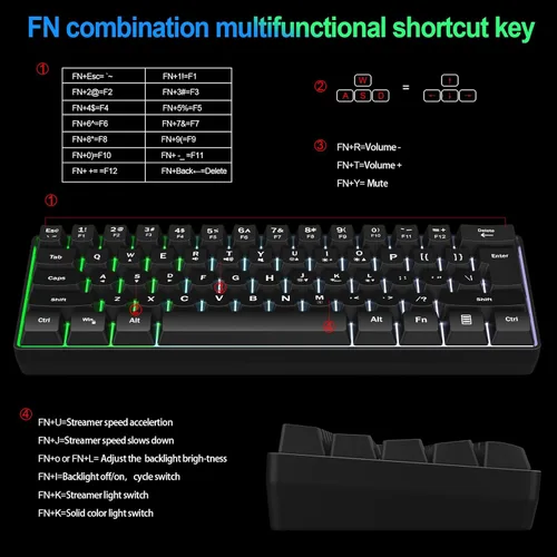 Miniatura 5 de Teclado de memoria para juegos RGB con cable. 60% Mini teclado de computadora LED cremoso. Teclado ergonómico pequeño con teclas inreemplazables
