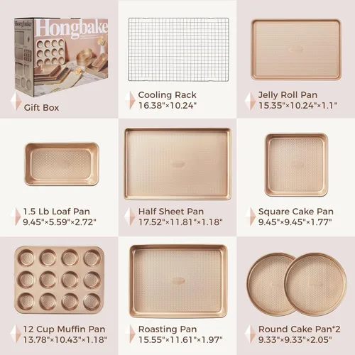 Miniatura 6 de HONGBAKE Juego de 9 moldes para hornear antiadherentes, apilables no tóxicos con textura de diamante, juego de bandejas para horno para cocinar