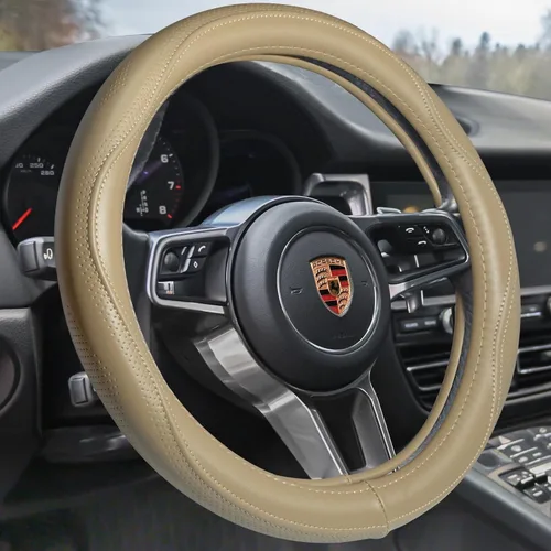 HAOKAY Funda de volante de cuero genuino beige de alta calidad para hombres y mujeres, funda de volante de lujo para automóviles, SUV y camiones,