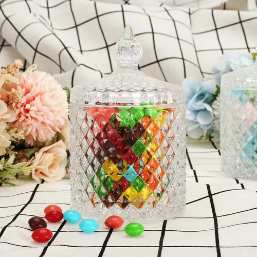 Miniatura 6 de Hedume Paquete de 4 tarros facetados de diamantes de cristal con tapa de cristal, juego de organización de almacenamiento de alimentos de vidrio