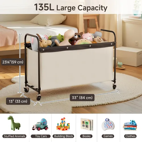 Miniatura 2 de StorageWorks Caja de juguetes con ruedas para niños, baúl grande de almacenamiento y organizador de juguetes de 135 litros, caja de juguetes de Beige