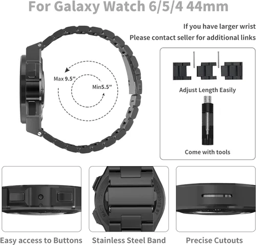 Miniatura 2 de Funda de lujo con correa diseñada para Samsung Galaxy Watch 6/5/4 de 1.732 pulgadas, resistente funda protectora militar de metal con correa táctica