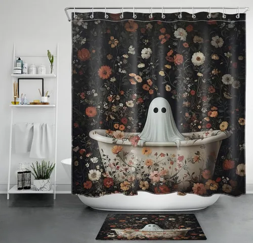 Miniatura 11 de LB Cortina de ducha pequeña de fantasma de Halloween de 48 x 68 pulgadas, forro de cortina de ducha de tamaño medio floral naranja, divertidas
