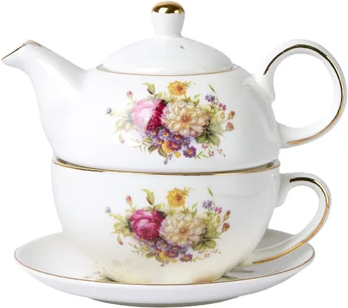 Juego de té de porcelana europeo para uno, tetera floral vintage y platillo, tetera floral con ribete dorado, taza de té con platillo