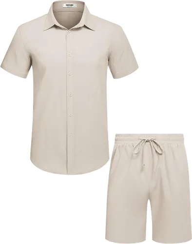 Miniatura 8 de COOFANDY Conjunto de 2 piezas de algodón y lino para hombre, camisas de manga corta con botones, pantalones cortos de playa de verano, trajes