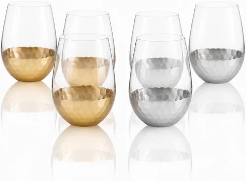 Miniatura 11 de Copas de vino sin tallo, juego de 2, 18 onzas, diseño de panal dorado