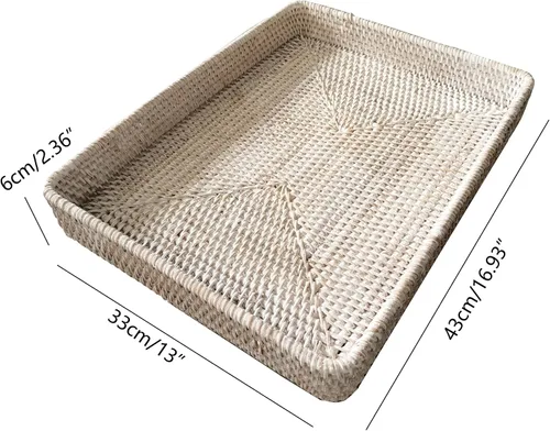 Miniatura 3 de i-lan Bandeja grande tejida de ratán blanco lavado de 17 pulgadas para otomana, bandeja de almacenamiento rectangular blanca con pared de 2.4