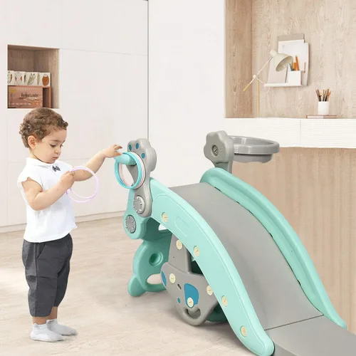 Miniatura 9 de Costzon - Juego de tobogán para niños pequeños de 5 en 1, juguete con columpio, tobogán para niños con taburete desmontable, aro de baloncesto