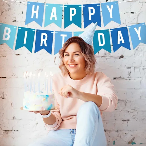 Miniatura 8 de Cartel de feliz cumpleaños pre-encordado – No DIY – Cartel azul para fiesta de cumpleaños – Pre-encordado en hebras de 6 pies – Decoración azul