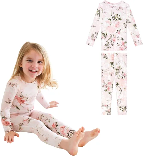 Miniatura 10 de Posh Peanut Pijamas para niñas, suaves, de viscosa de bambú para niños, pijamas a juego de manga larga para niñas