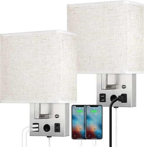 CADUKE Juego de 2 lámparas de pared de noche, lámpara de pared enchufable con puertos de carga USB y toma de corriente alterna, apliques de pared