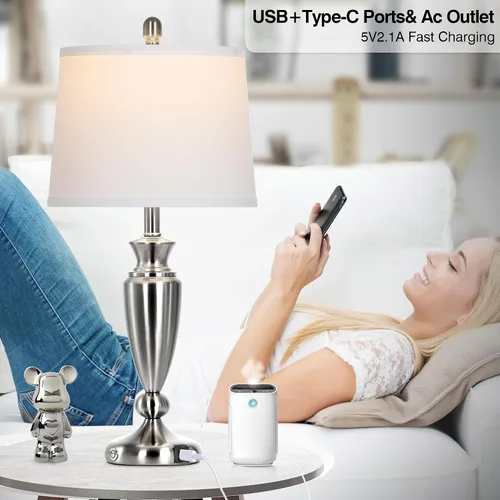 Miniatura 5 de Rinweey Lámpara de mesa negra de 27 pulgadas, lámpara de sala de estar con control táctil de 3 vías con puertos USB A+C, moderna lámpara de noche