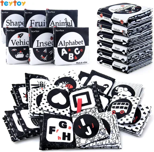 teytoy My First Soft Book, 6 piezas de tela no tóxica para actividades arrugadas en blanco y negro para bebés, niños y niñas, juguetes educativos
