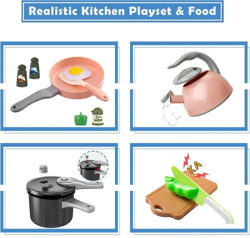 Miniatura 6 de Bruvoalon Juego de 67 piezas de juguetes de cocina para niños, juego de cocina de simulación para niños pequeños con ollas, sartenes, utensilios