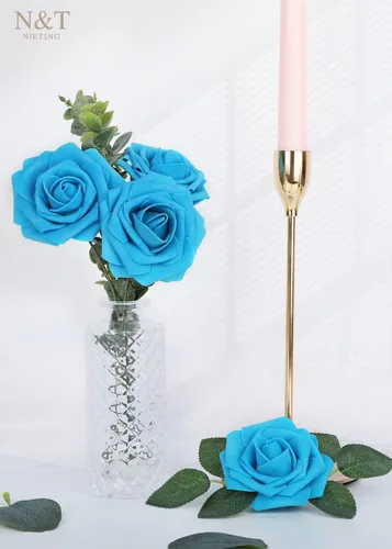 Miniatura 59 de N&T NIETING Flores artificiales, rosas artificiales de color rosa intenso, 50 piezas de flores falsas con tallo para ramos de boda DIY, centros