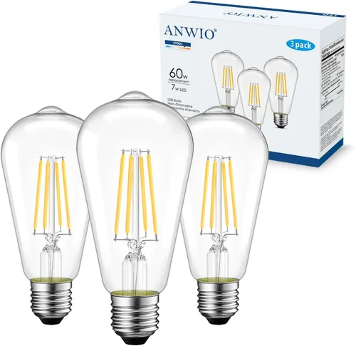 ANWIO Bombillas LED Edison vintage, paquete de 3 unidades, 7 W, equivalente a 60 W, no regulables, ST58 2700 K, bombillas de filamento LED antiguo