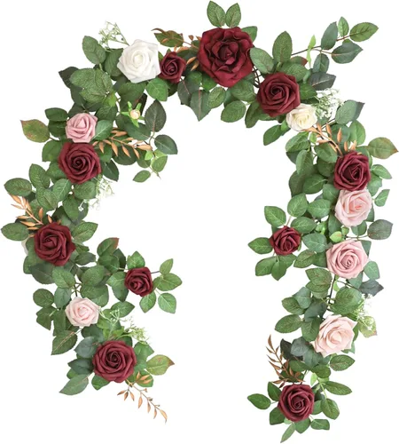 Lookein Guirnalda de rosas artificiales de 5 pies para ceremonia de boda, telón de fondo, arco, flores, centros de mesa, decoración, color burdeos