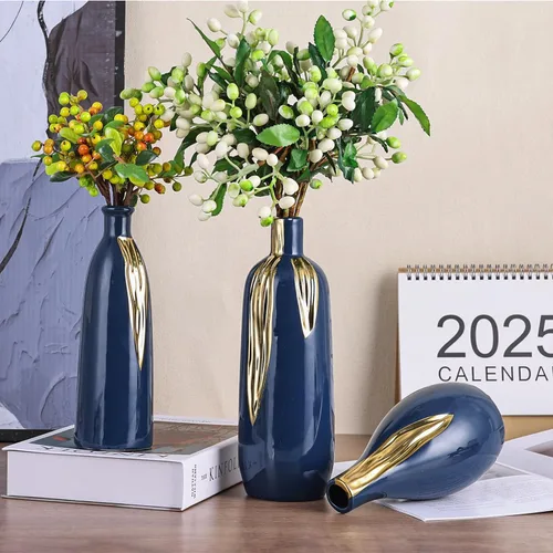Miniatura 6 de Juego de 3 jarrones azul y dorado, jarrones modernos decorativos de cerámica para sala de estar, recámara, decoración de arte, chimenea, decoración