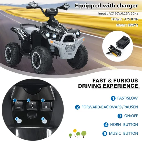 Miniatura 4 de INFANS vehículo para niños Ride on ATV, vehículo de juguete de 4 ruedas de 12 V con música, bocina, velocidades alta y baja, luces LED, vehículo