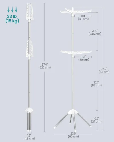 Miniatura 53 de SONGMICS ULLR510B01 - Estante de secado de ropa plegable de 59 pulgadas con 3 brazos giratorios para perchas, 4 patas, acero inoxidable, para 27