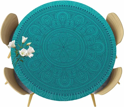 Miniatura 23 de SEVENBABU Mantel redondo de 36 a 44 pulgadas, mantel redondo de vinilo ajustable con borde elástico para fiestas al aire libre, color aguamarina