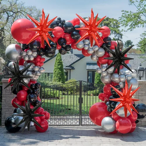 Miniatura 6 de HILAVO 6 unidades de Globos de Estrella Negros y Rojos, 22 Pulgadas, Globos de Aluminio Grandes en Forma de Estrella, Globos de Cono en Punta