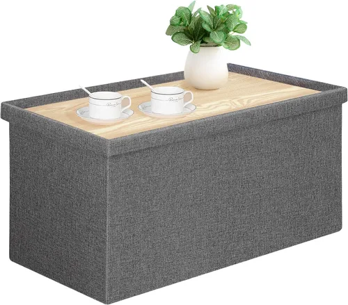 PINPLUS Banco Otomán de Almacenamiento Plegable con Bandeja de Tapa, Mesa de Centro Otomán de 30 pulgadas Silla de Cubo Gris Taburete Reposapiés