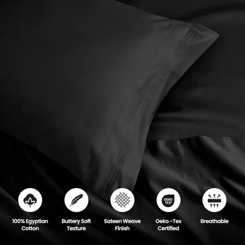 Miniatura 3 de Juego de fundas de almohada tamaño grande de algodón egipcio, de 1500 hilos, de color liso., Negro, Estándar
